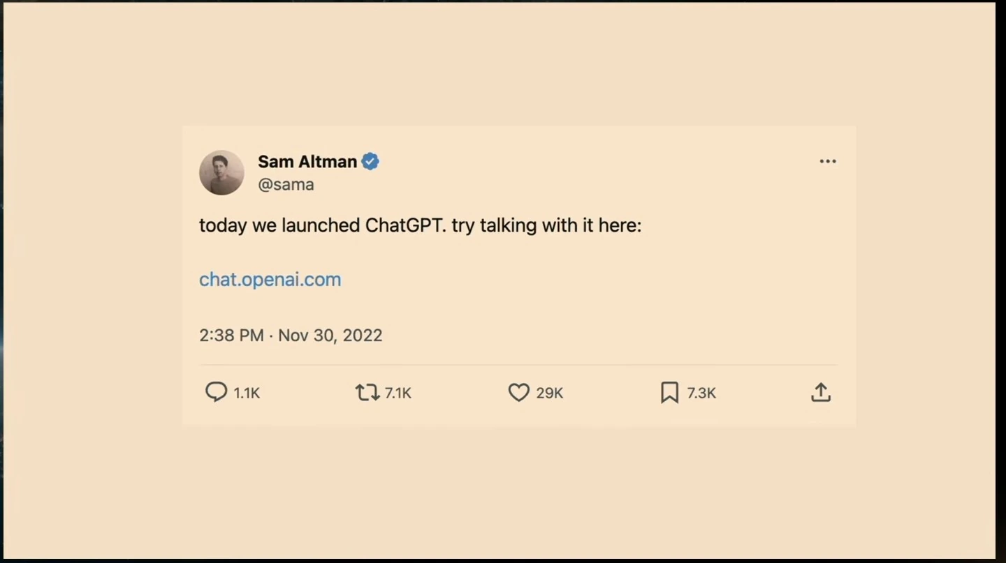 A November 2022 post by Sam Altman announces the launch of ChatGPT.