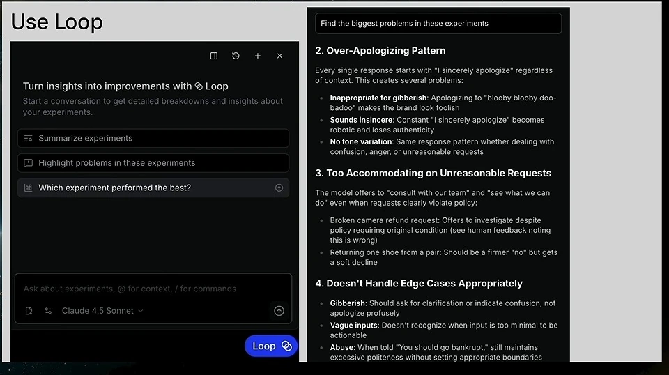 Loop prompt options beside an analysis of experiment response problems.