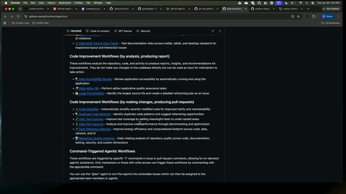 GitHub README listing code improvement and command-triggered agentic workflows.