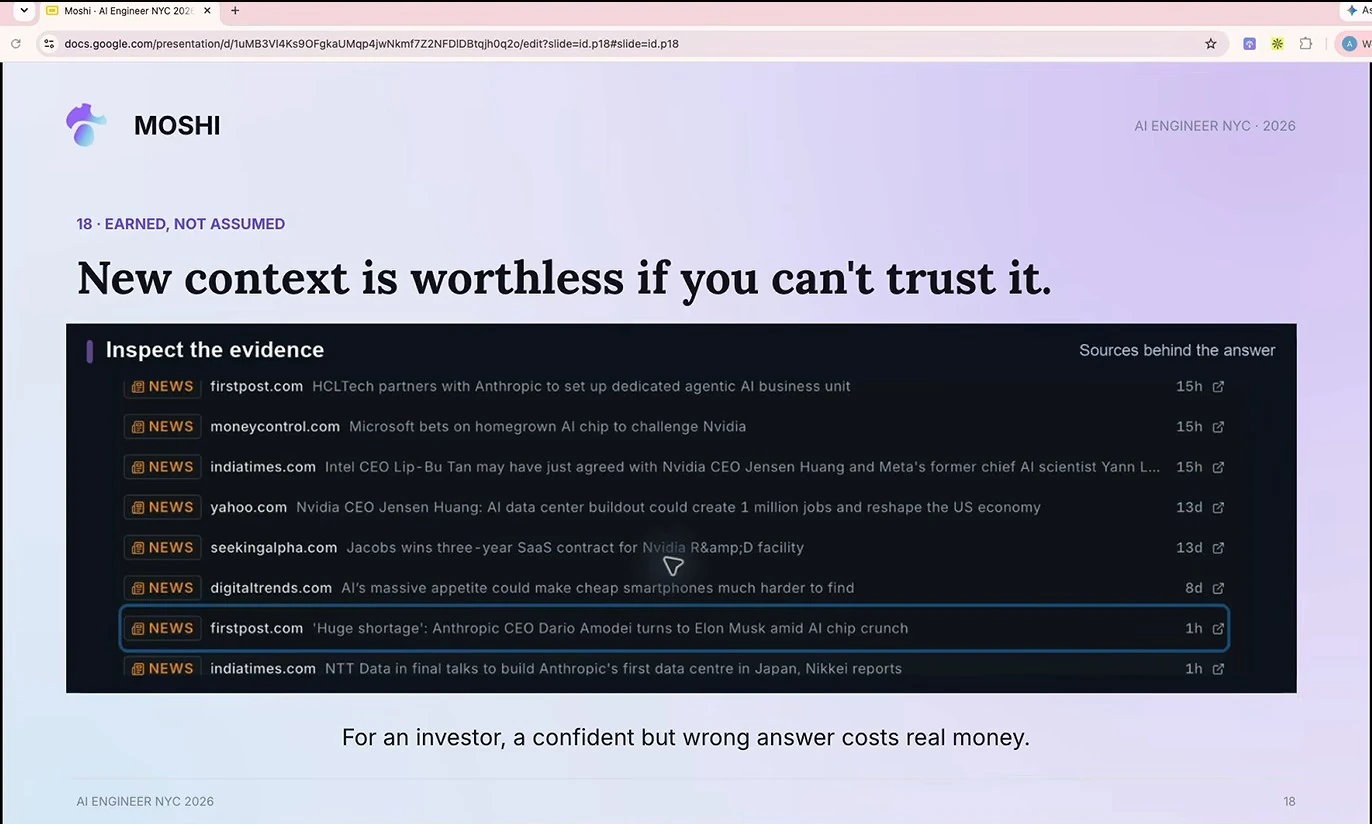 Slide showing a list of sources behind an answer and stating that a confident but wrong answer costs investors money.