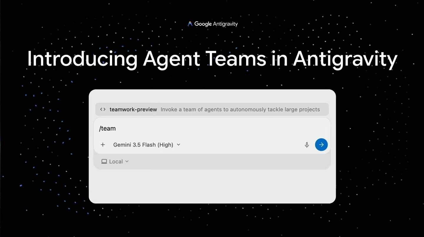 Agent Teams introduction with an Antigravity prompt showing the team command.