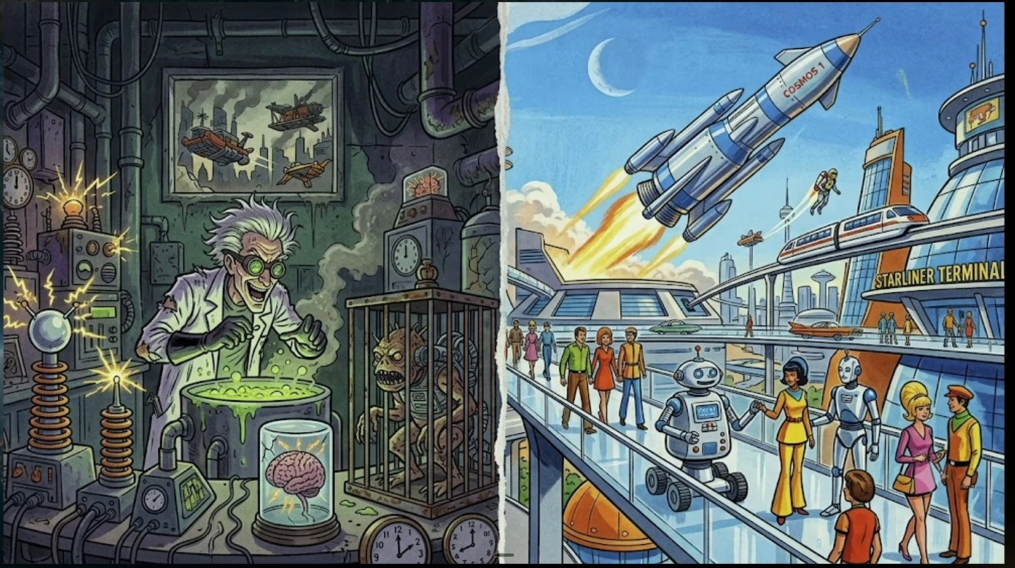 A mad scientist’s laboratory contrasts with a bright futuristic city of rockets and robots.