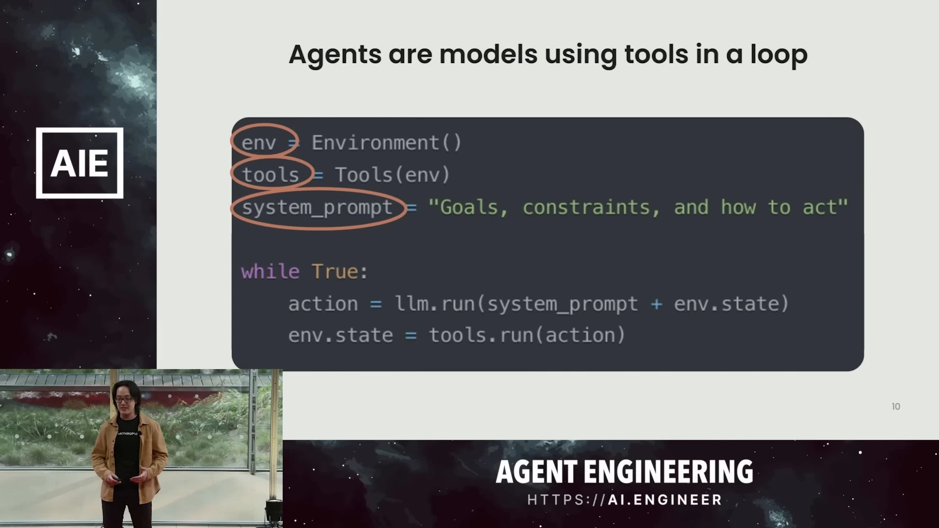 Pseudocode shows an agent using tools in a loop, with environment, tools, and system prompt highlighted.