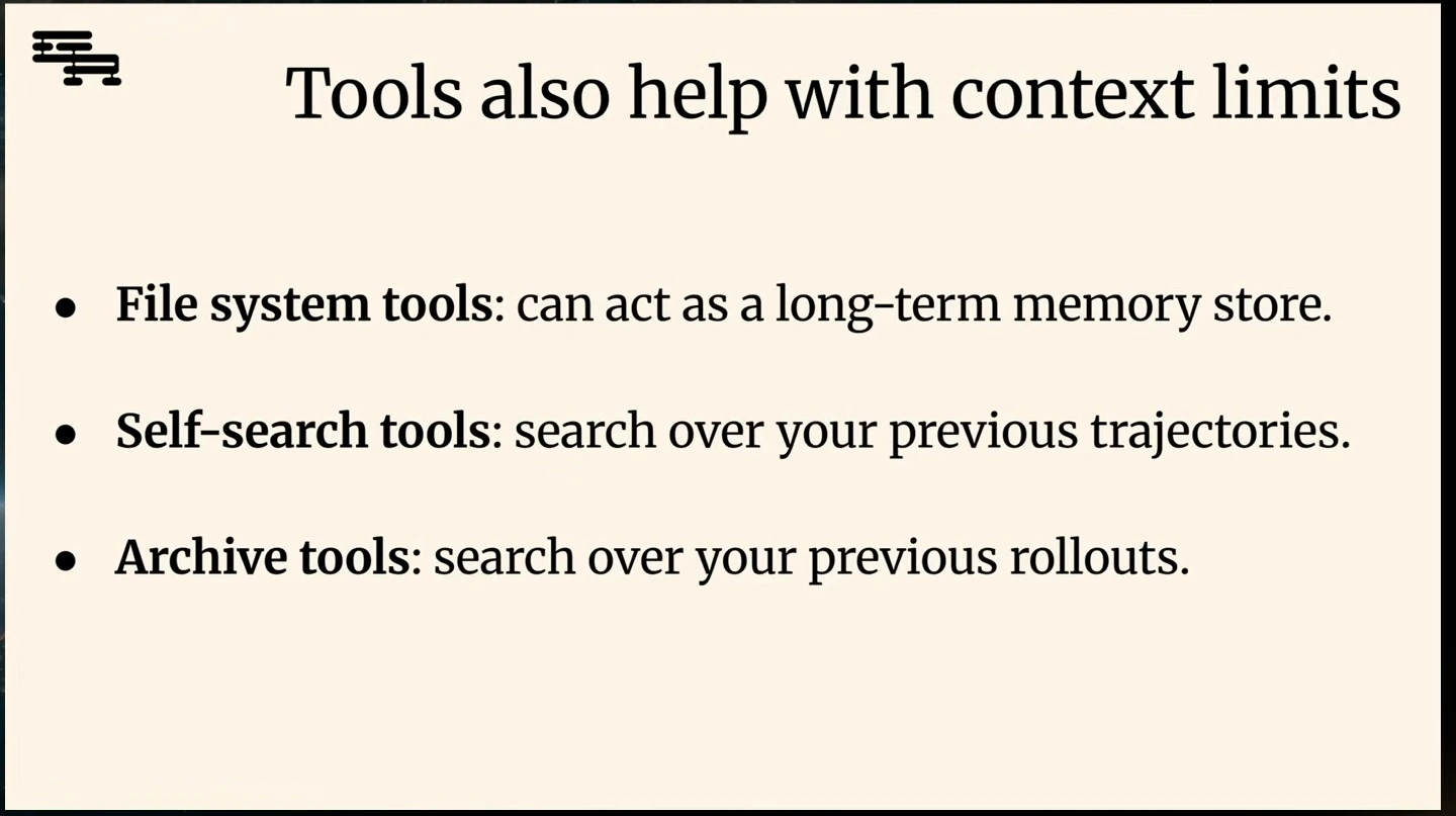 File system, self-search, and archive tools are presented as ways to retain or retrieve prior information.