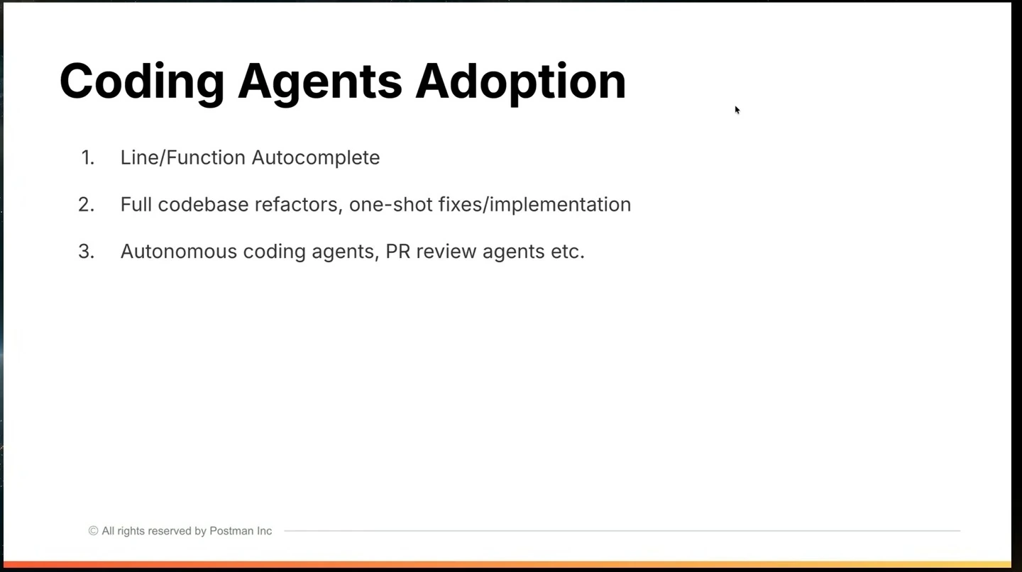 Three stages of coding agent adoption: autocomplete, codebase refactors and fixes, and autonomous coding and PR review agents.
