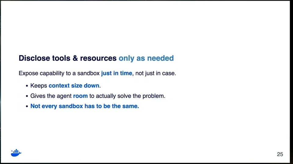 Just-in-time disclosure keeps context size down and lets sandboxes differ according to the task.