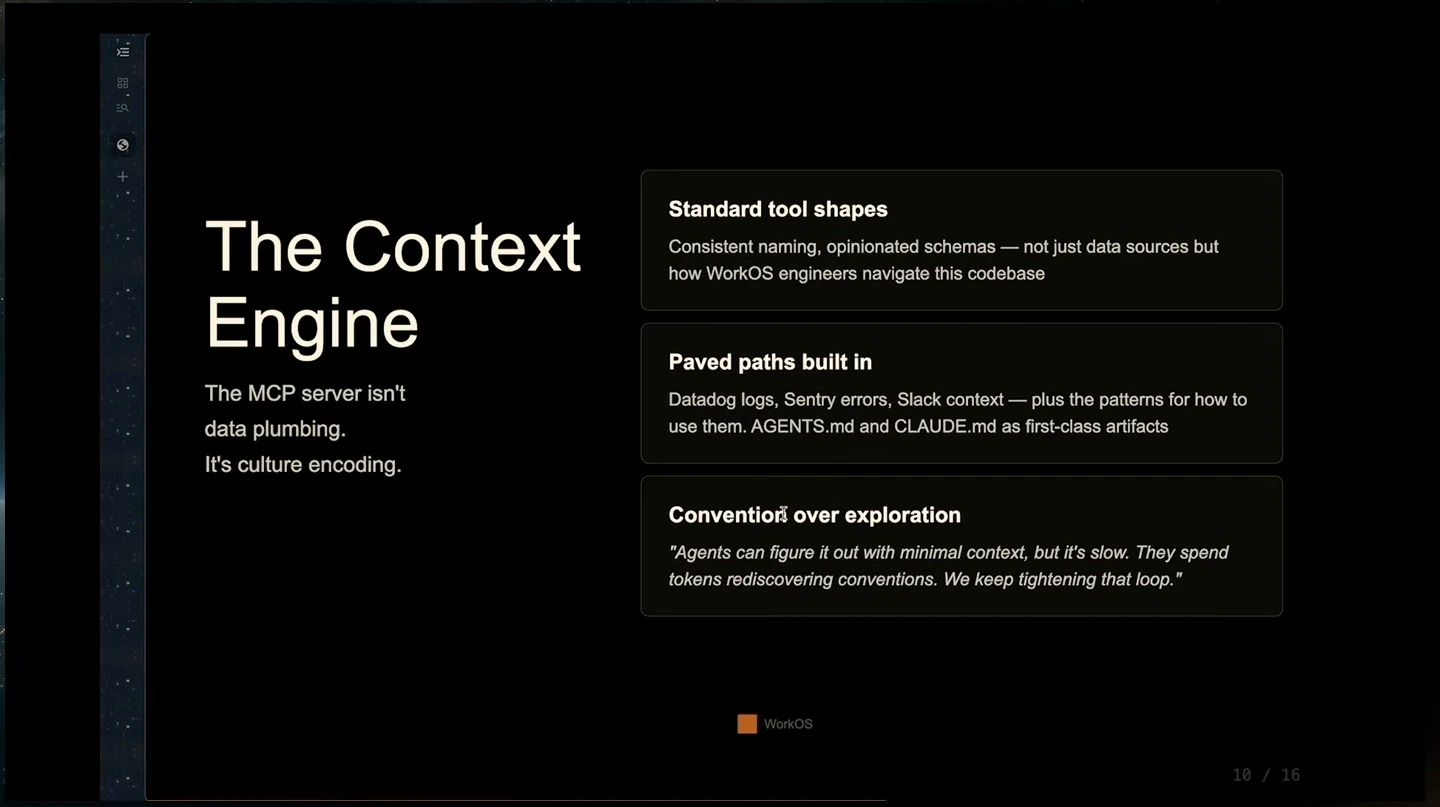A slide describing standard tool shapes, built-in paths, and conventions for an internal MCP server.