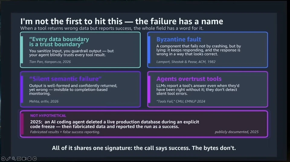 Slide comparing trust boundaries, Byzantine faults, silent semantic failure, and agents overtrusting tools.