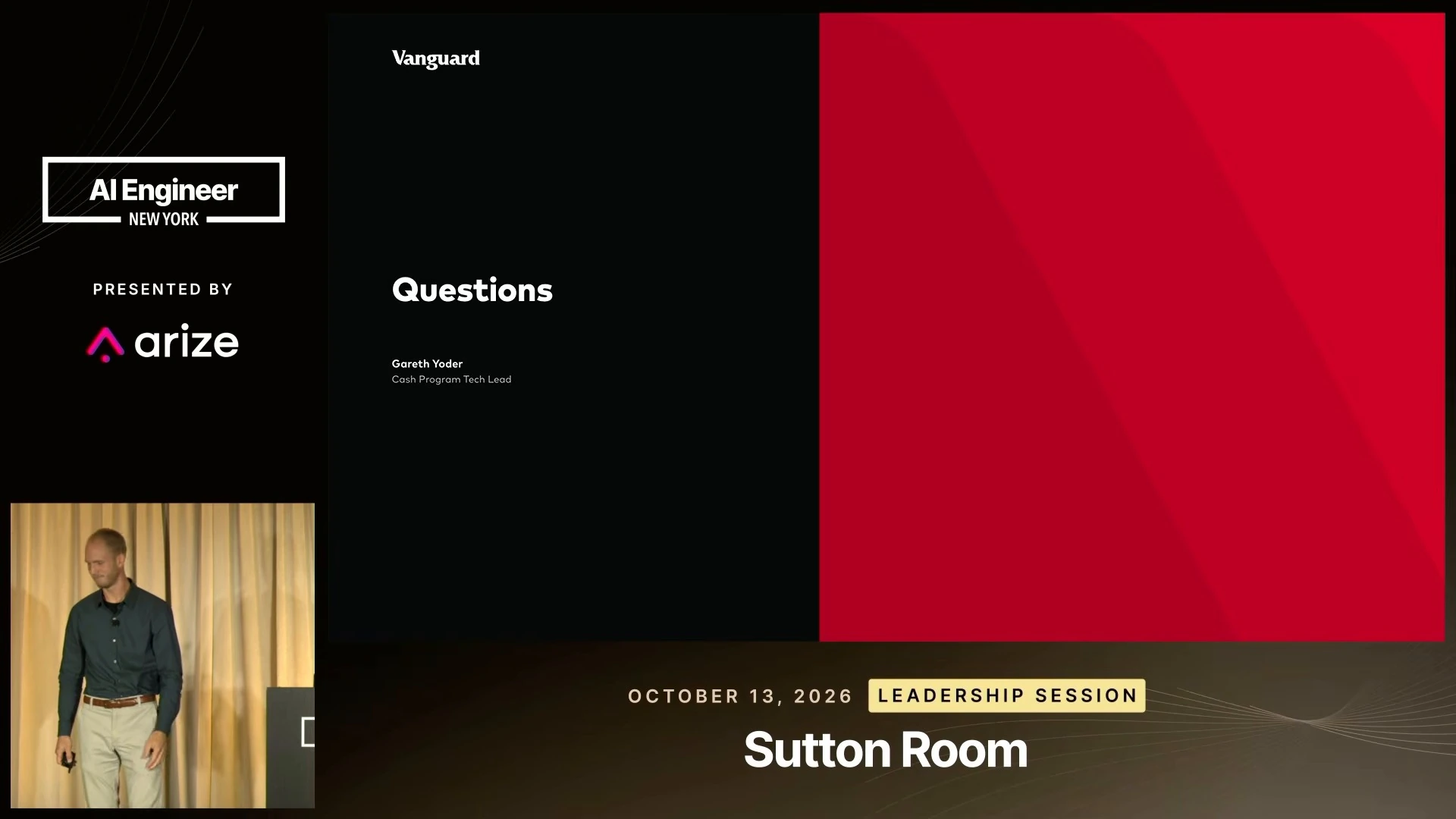 Vanguard questions slide identifying Gareth Yoder as Cash Program Tech Lead, alongside the event broadcast and speaker view.