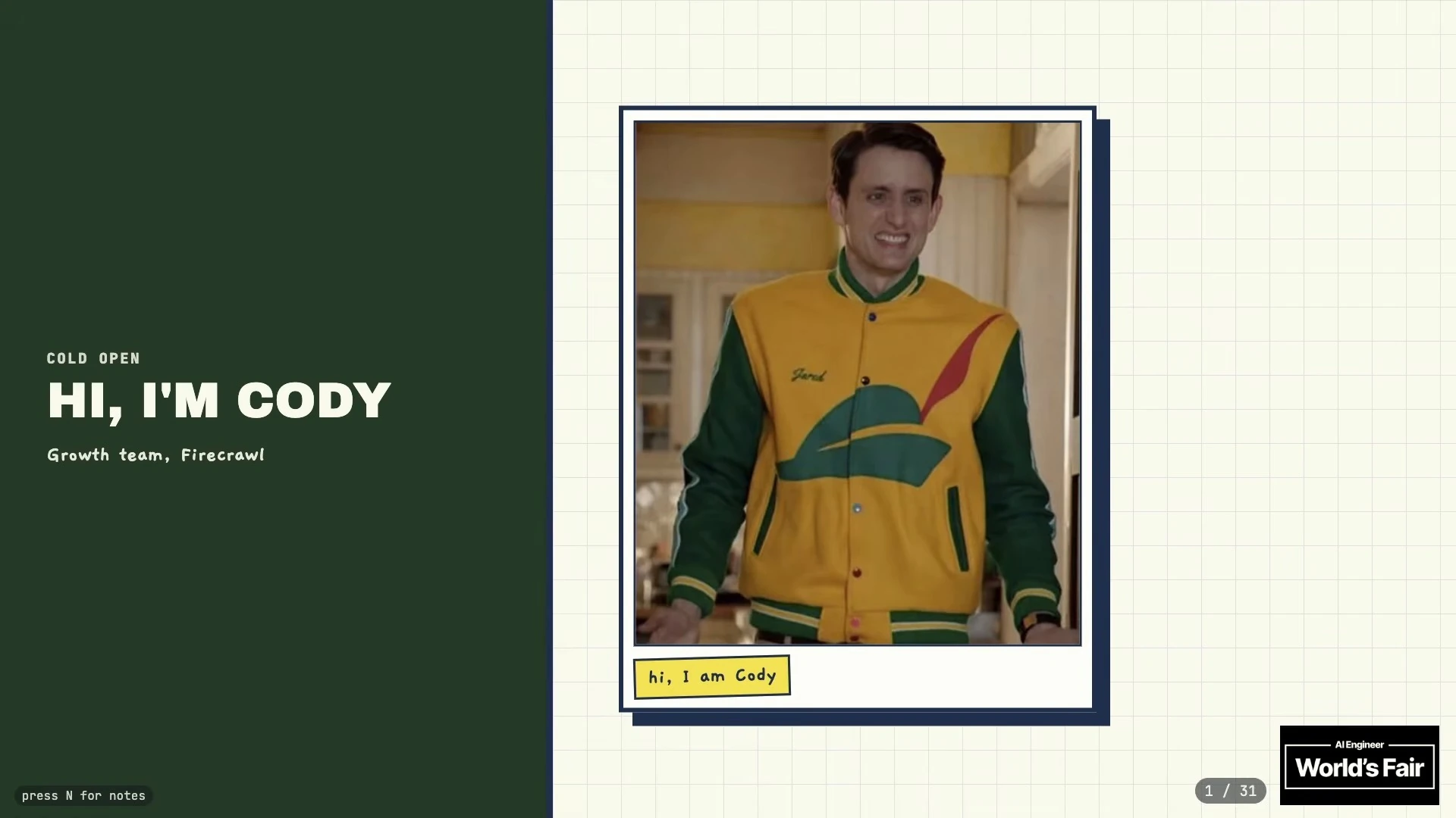 Cody introduces himself as a member of Firecrawl's growth team beside a photograph of a man wearing a yellow and green jacket.