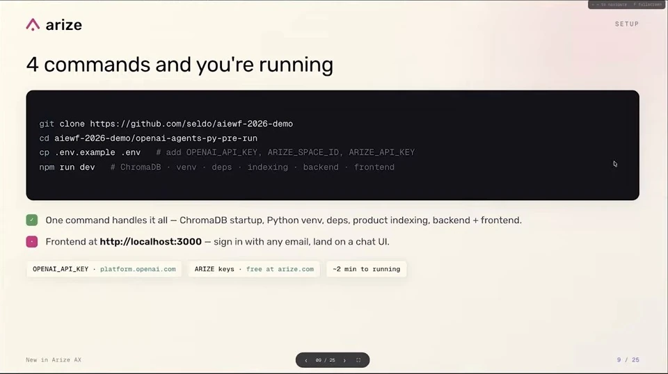 Setup commands and notes for starting the demo and its frontend.