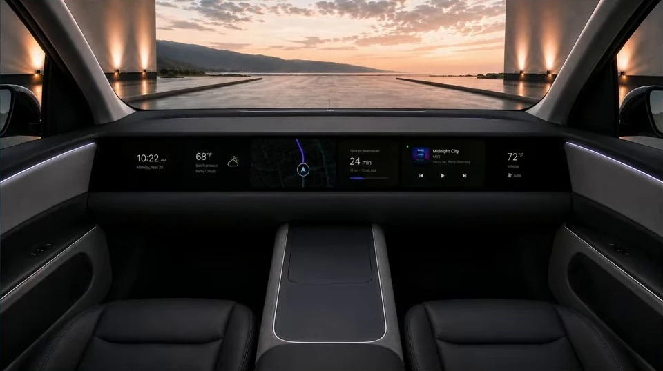 A vehicle interior with a wide dashboard display and no steering wheel.
