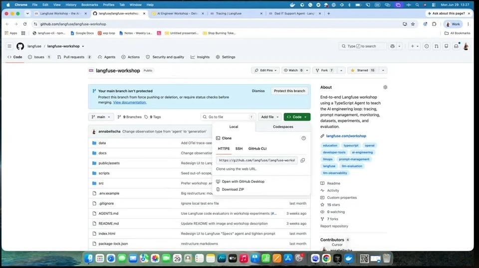 GitHub workshop repository with its code and clone menu open.