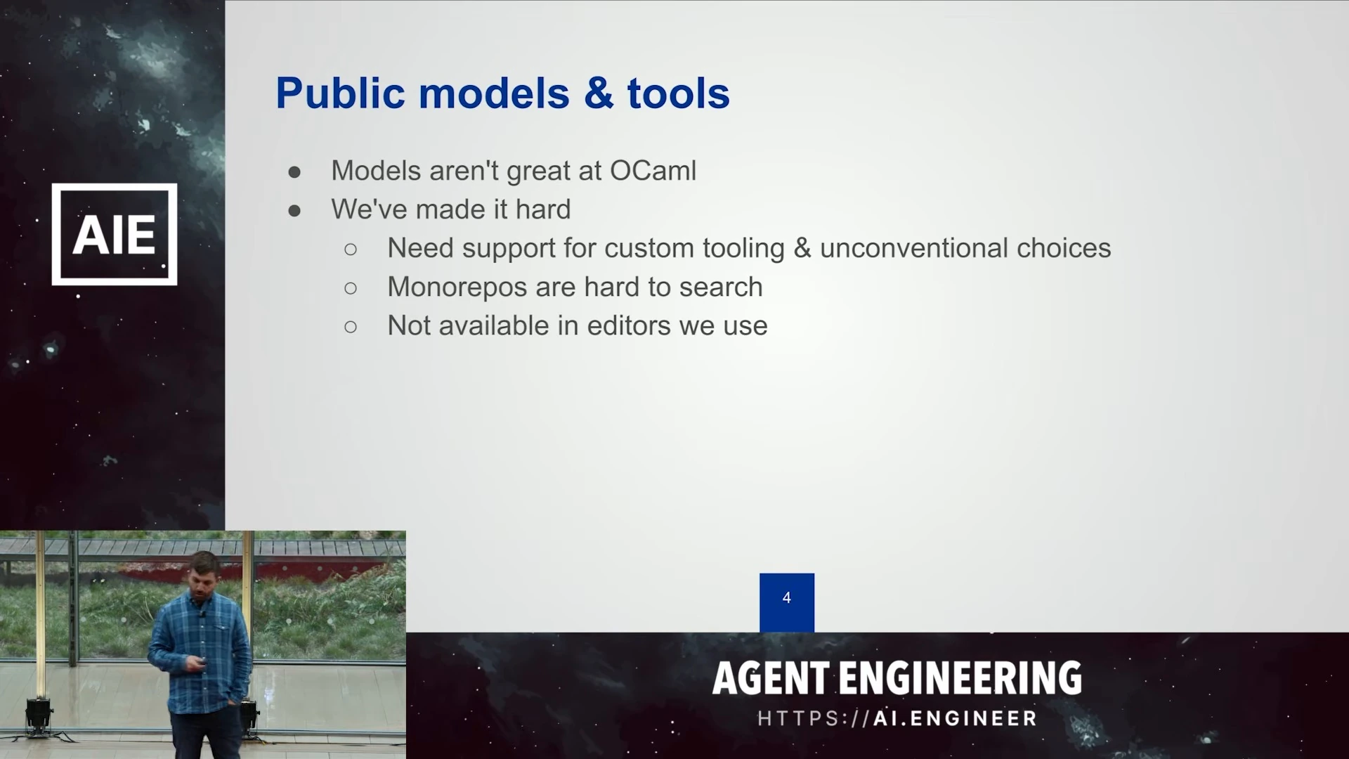 Slide lists limitations involving OCaml, custom tooling, monorepo search, and editor availability.