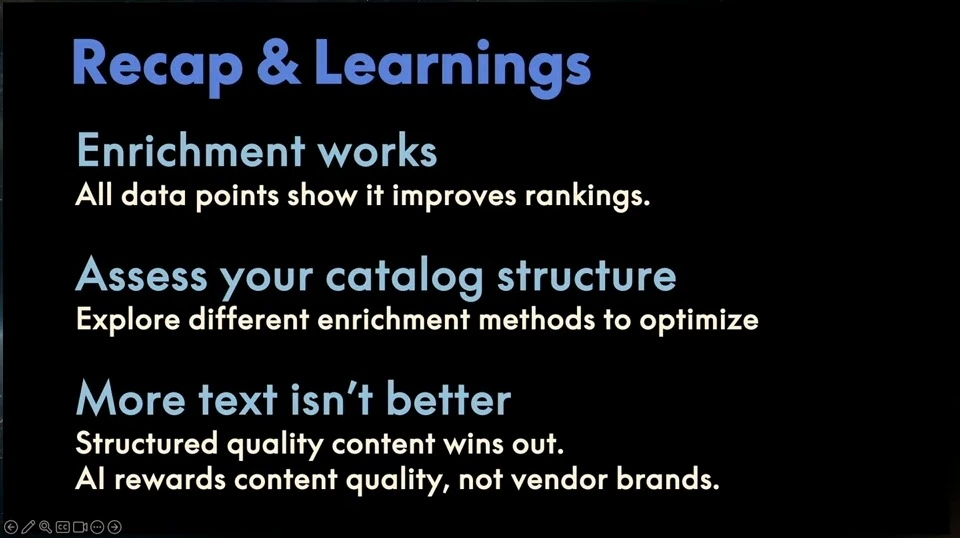 The recap recommends enrichment, assessing catalog structure, and prioritizing structured, quality content over more text.