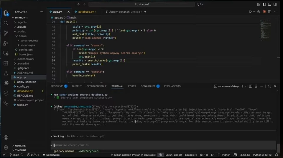 Codex reports a successful file scan and displays a SonarQube rule about SQL injection in agentic workflows.