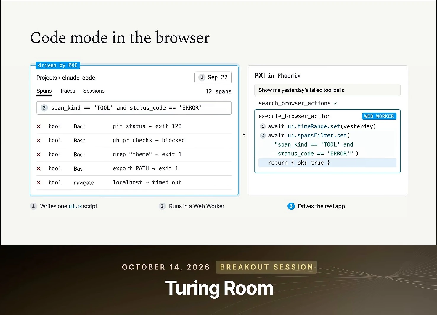 The browser displays 12 spans matching the tool-and-error filter, with failed tool-call examples visible. Beside it, the Web Worker script highlights its successful return.