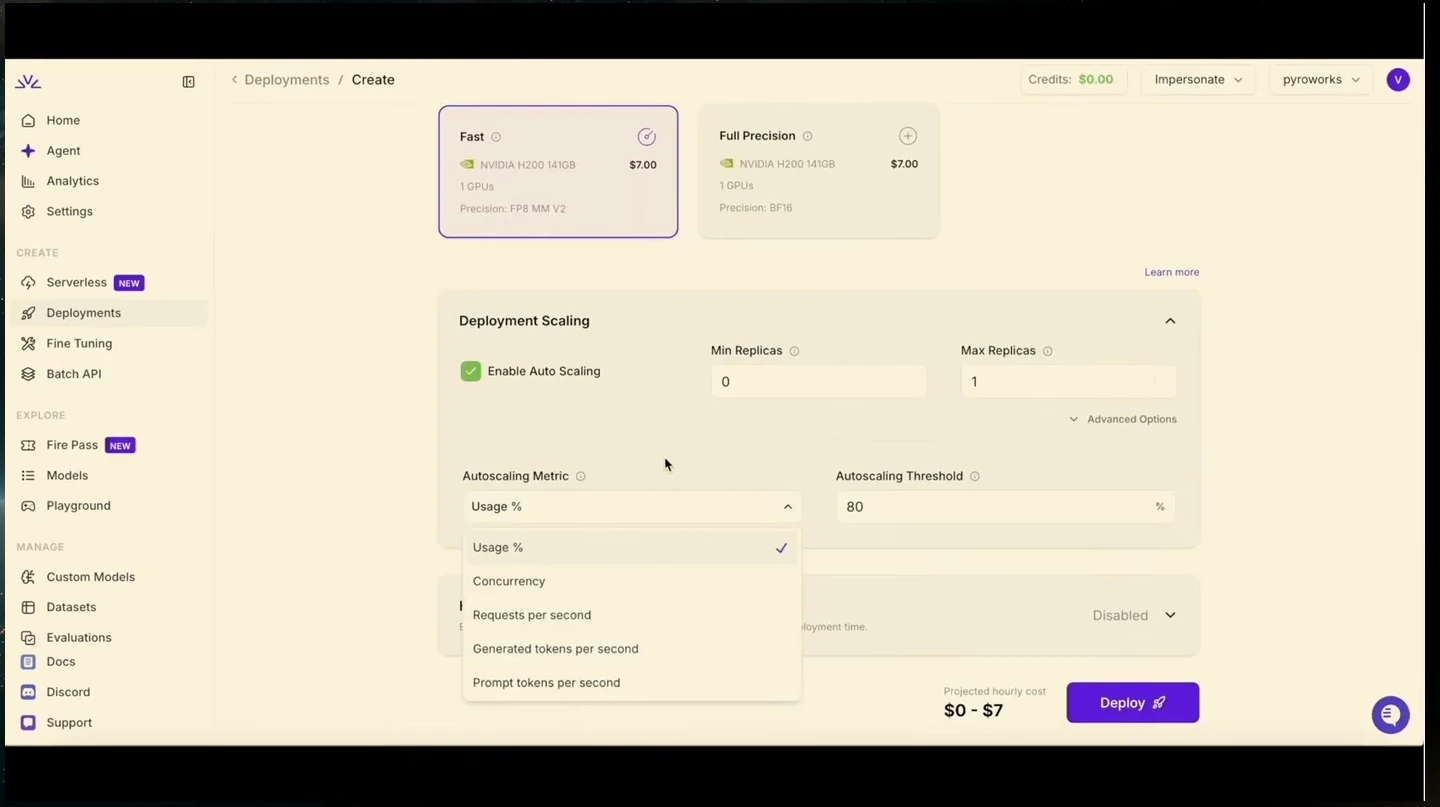Autoscaling settings with replica limits, a threshold, and an open metric menu.