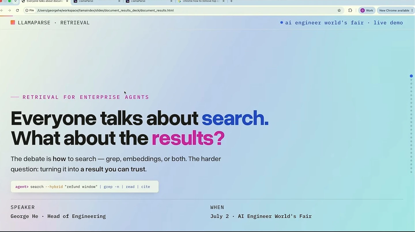 Opening slide introducing enterprise retrieval and trustworthy search results.