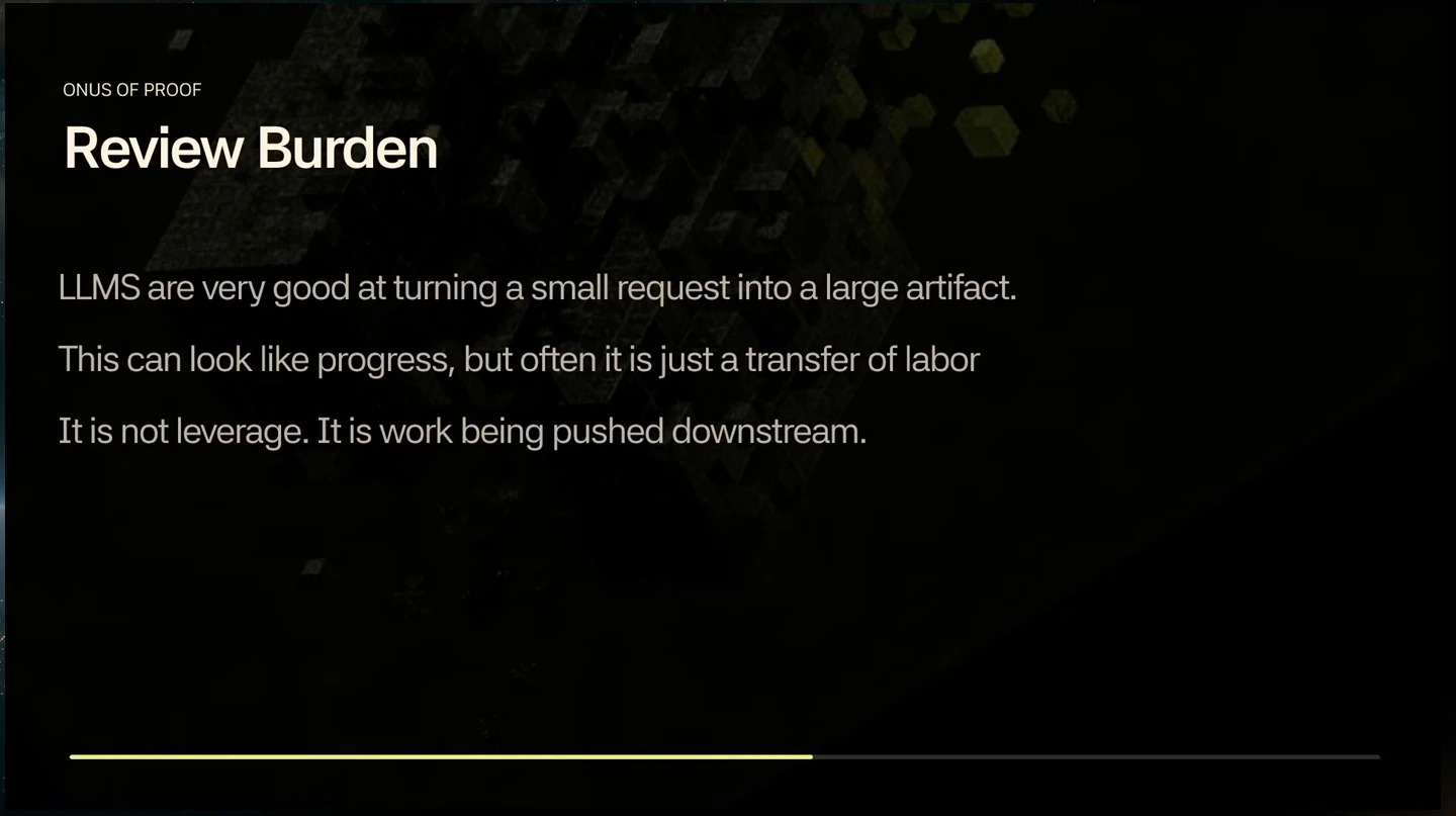 Slide says large AI-generated artifacts can shift work to reviewers rather than create leverage.