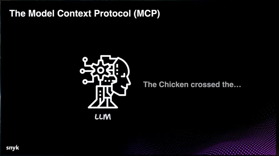 An LLM illustration beside the unfinished phrase “The Chicken crossed the…”