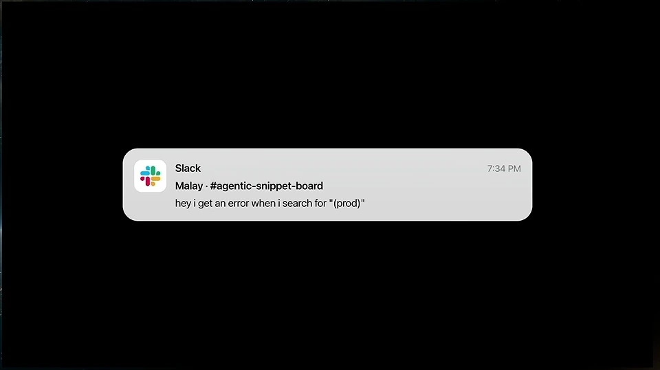 A Slack notification reports an error while searching.