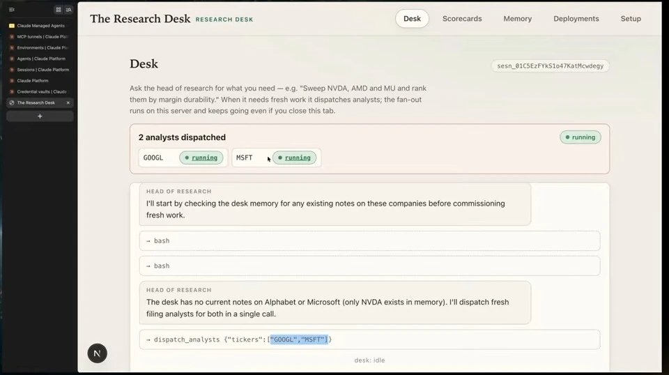 The Research Desk shows analysts running for Alphabet and Microsoft after checking desk memory.