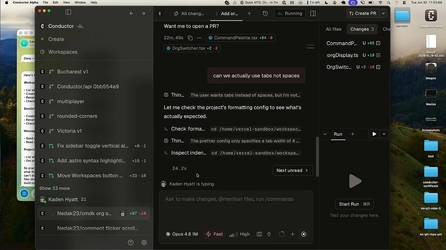 The shared workspace shows a participant typing while formatting checks appear in the conversation.