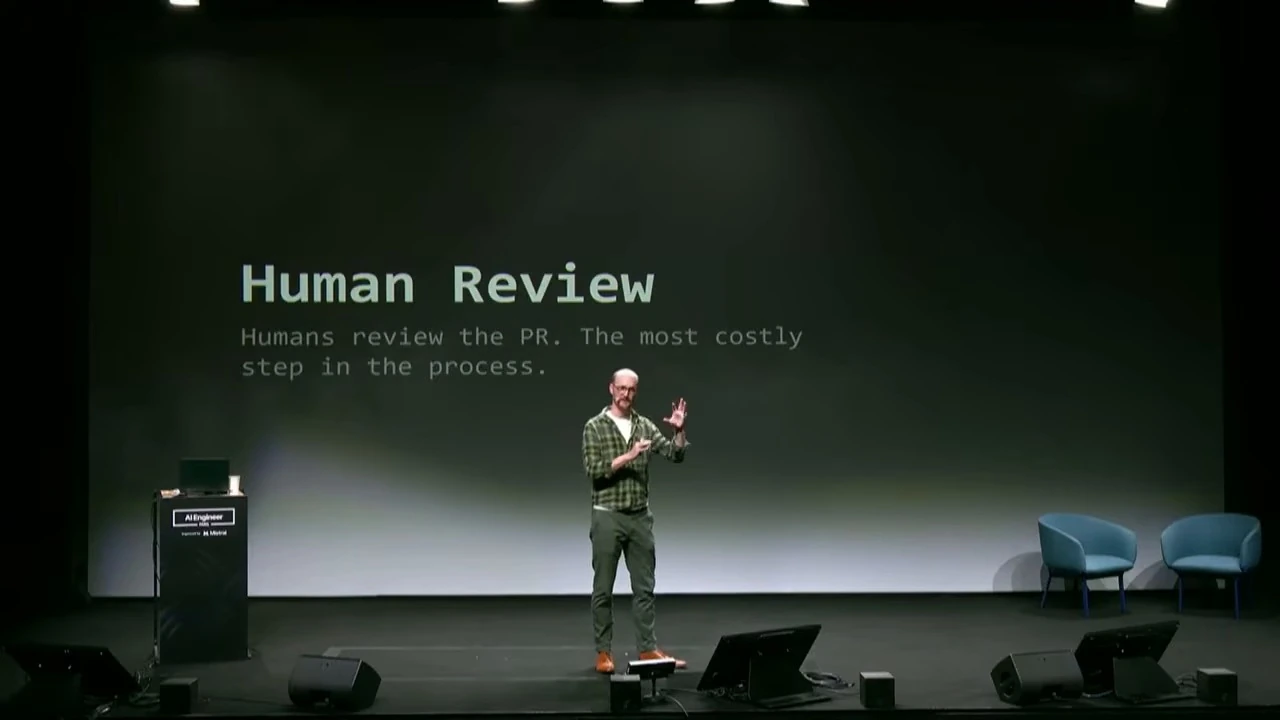 A slide says humans review the pull request and describes this as the most costly step in the process.