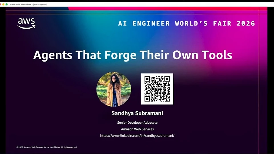 Title slide for Sandhya Subramani’s talk, with a portrait and QR code.