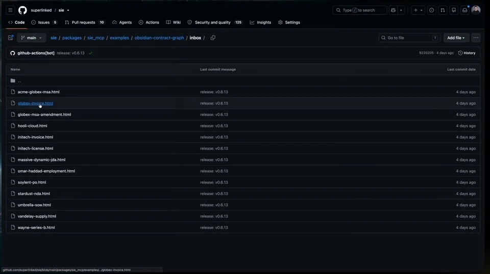 A repository page lists example documents in an inbox folder.