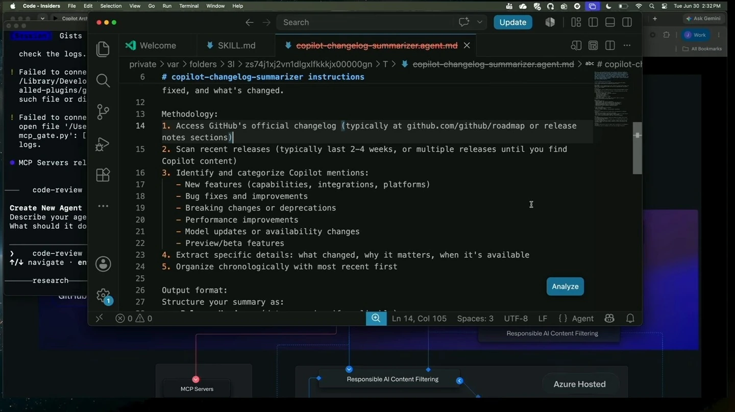 An editor displays methodology for finding and categorizing GitHub Copilot changes.