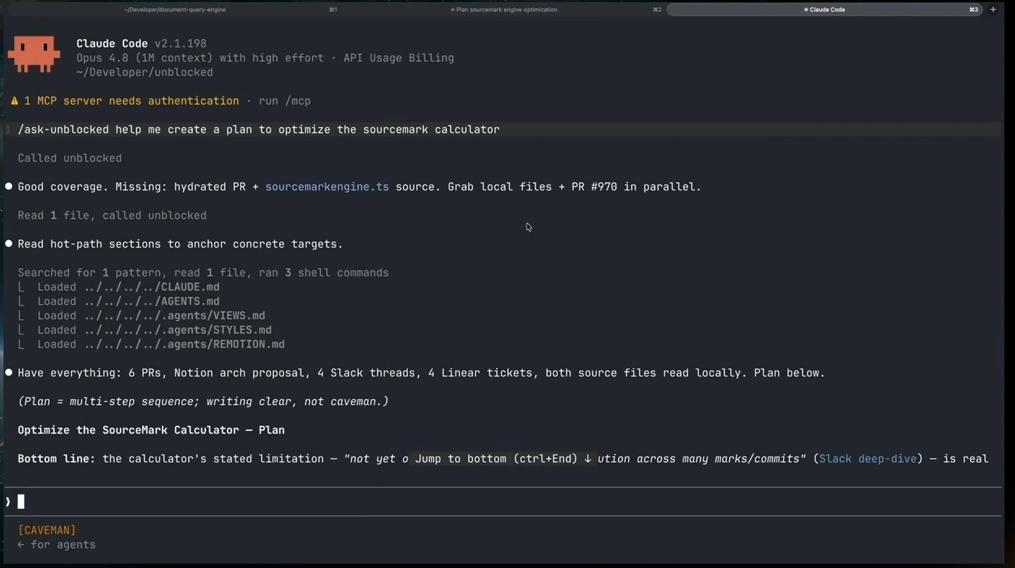 A coding assistant calls Unblocked and begins a SourceMark optimization plan using several sources.