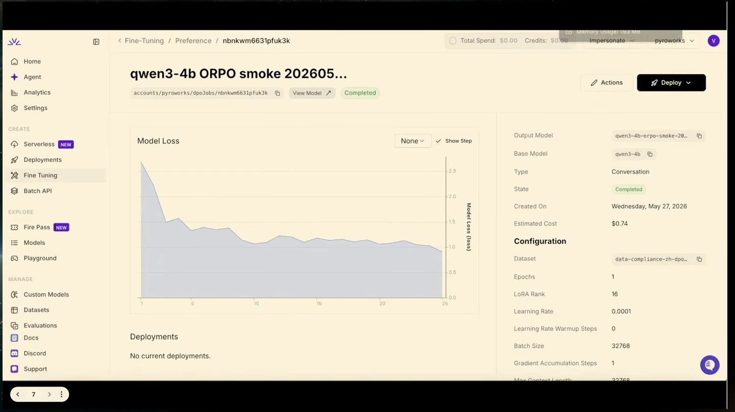 Completed fine-tuning job showing a model-loss graph and configuration details.