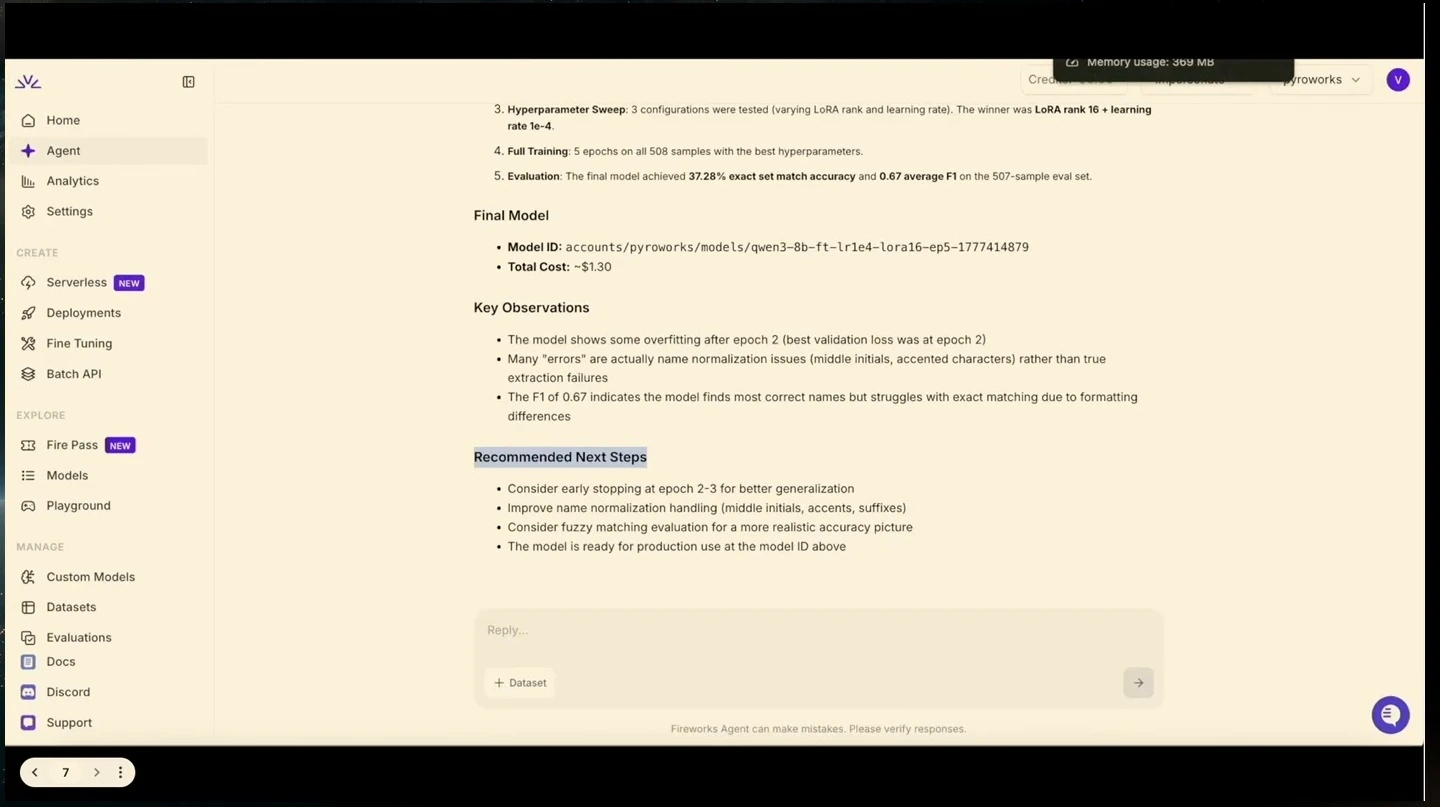 Agent summarizes model results, observations and recommended improvements.