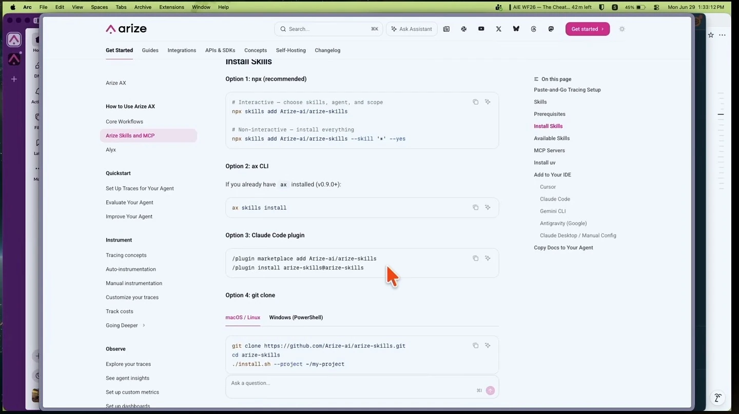 Arize documentation showing four ways to install skills.