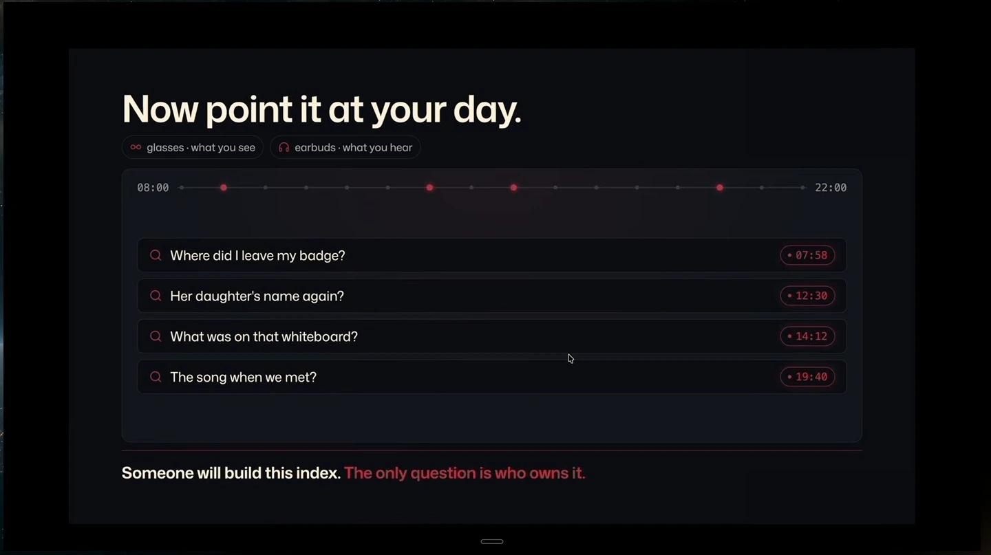 A timeline shows example memory searches from glasses and earbuds, followed by a statement about ownership of the index.