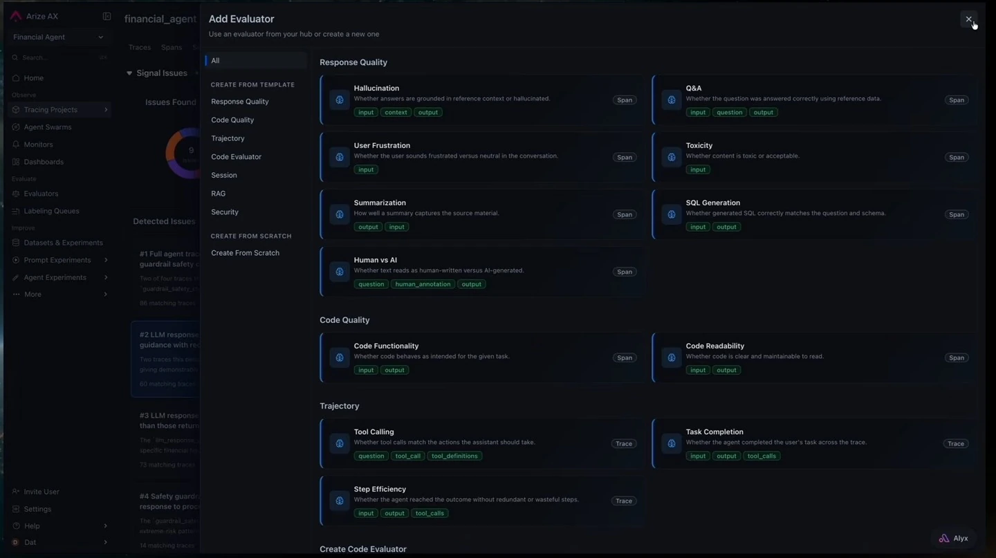 Add Evaluator dialog showing templates for response quality, code quality, and agent trajectory.
