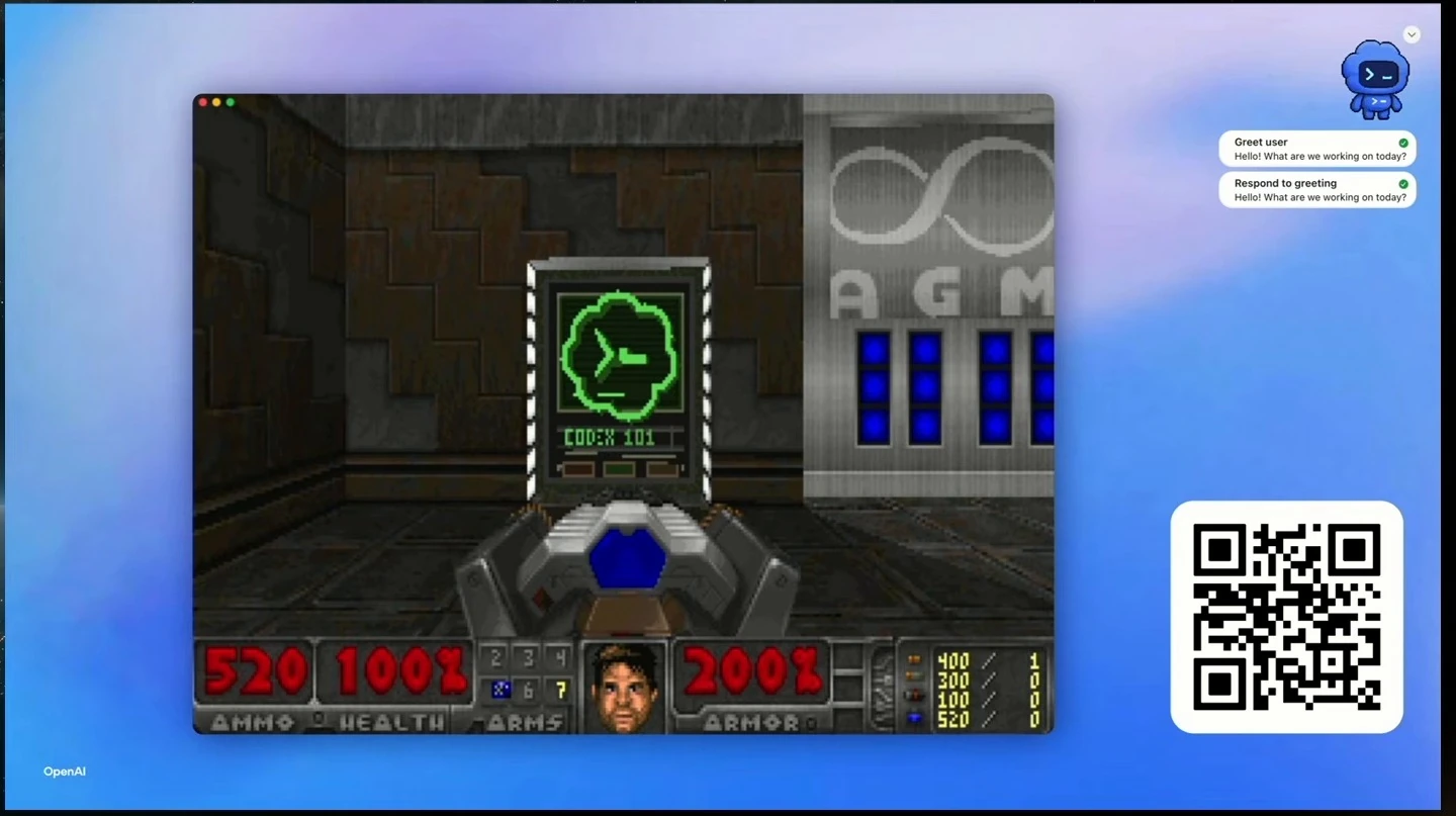 A Doom game scene shows a green Codex terminal graphic, with a QR code alongside it.