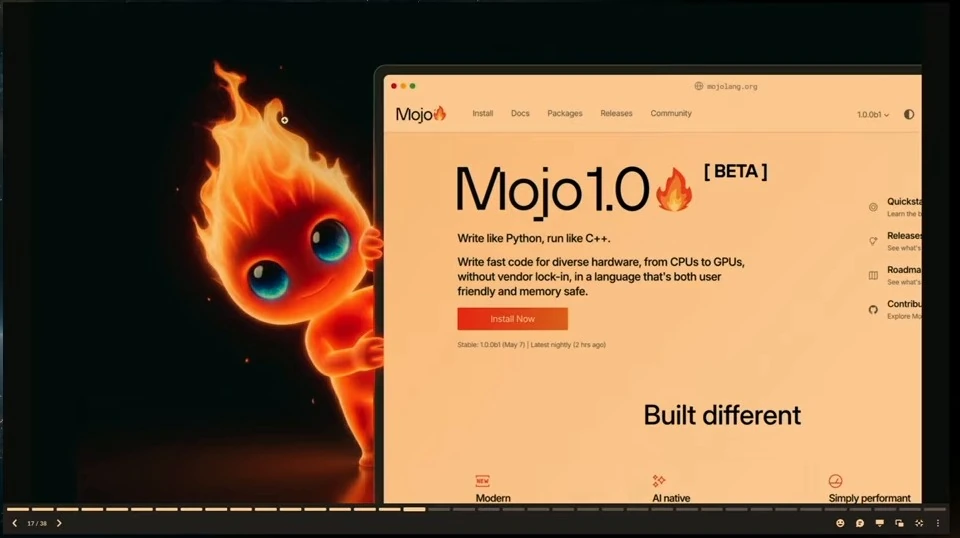 A flame character peeks around a screen showing the Mojo 1.0 beta website.