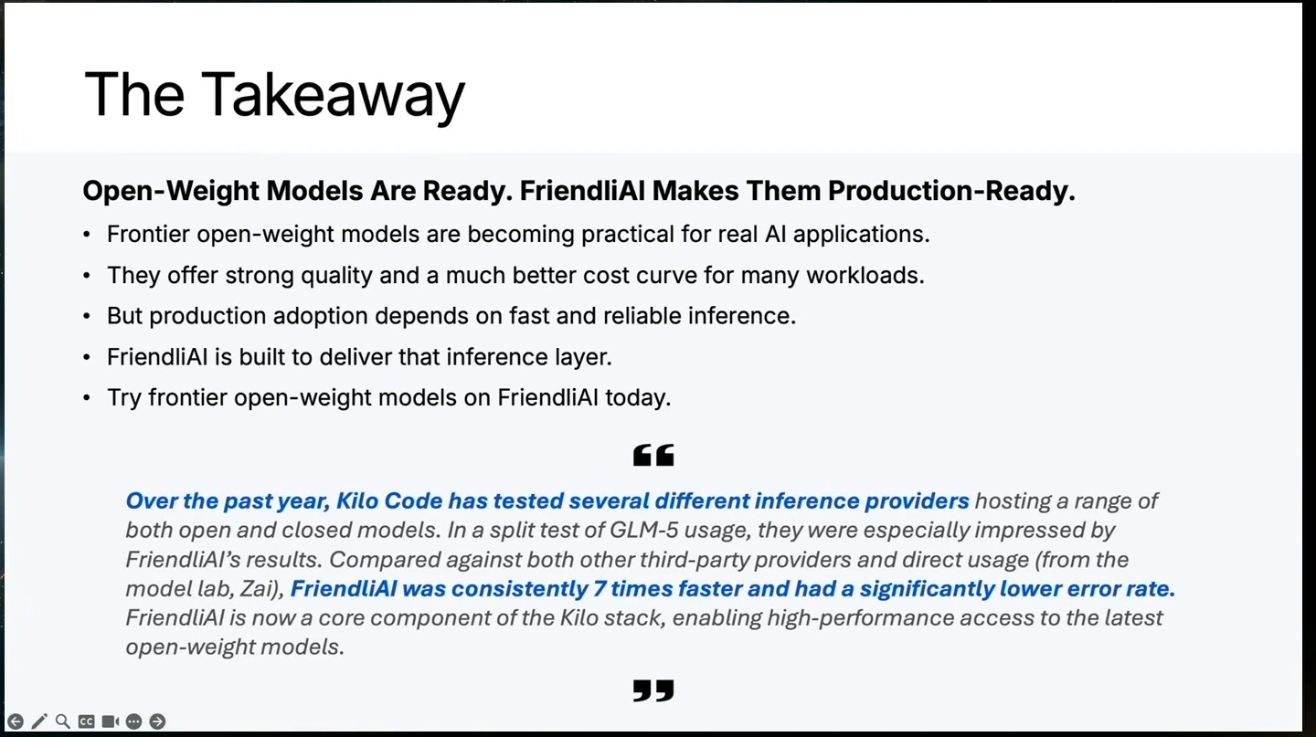 Slide summarizes the case for open-weight models and quotes a customer’s reported speed and reliability results.