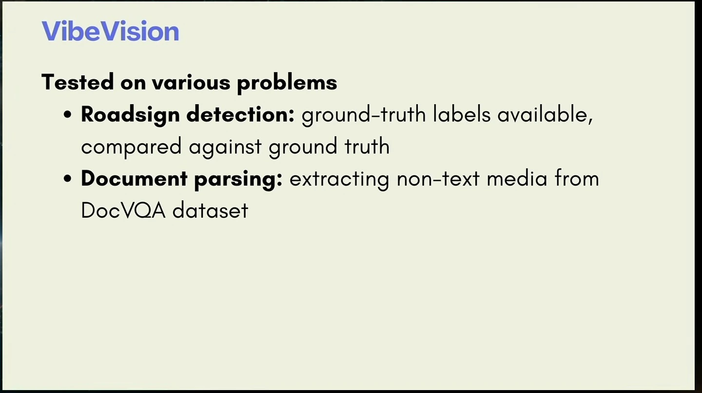 Slide identifies road sign detection and document parsing as test problems.