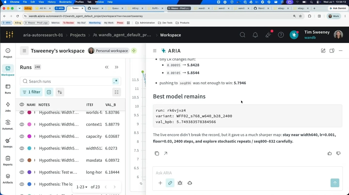 ARIA identifies the current best model and recommends settings for further experiments.