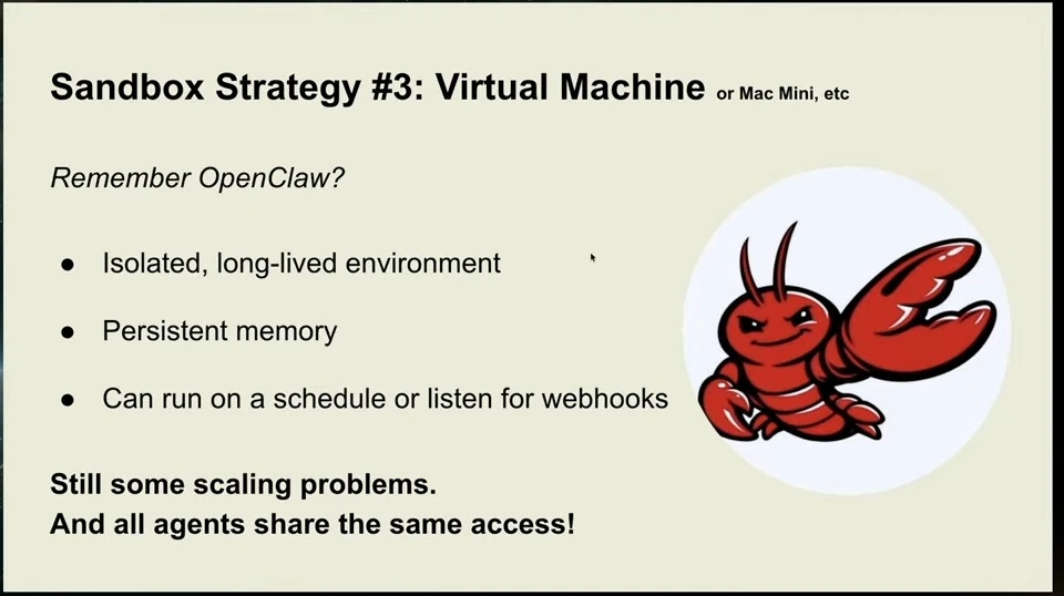 A virtual machine provides a persistent environment with scheduled or webhook triggers, but has scaling and shared-access limitations.