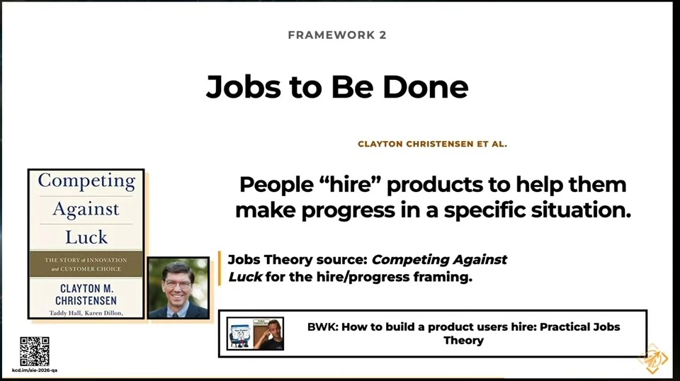 Jobs to Be Done slide presents the hire-and-progress framing, cites Competing Against Luck, and includes a video resource.