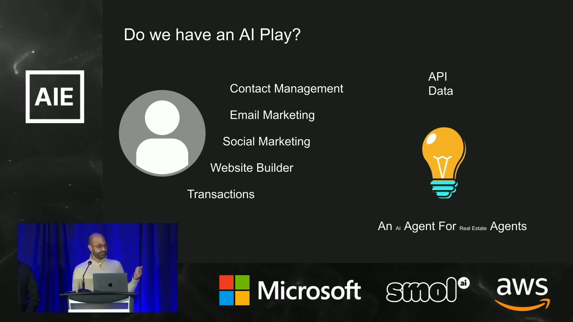 The feature list is joined by API and data labels and an AI agent concept for real estate agents.