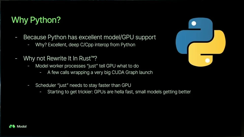 Slide discusses Python's model and GPU support, model workers and scheduler performance, alongside the Python logo.