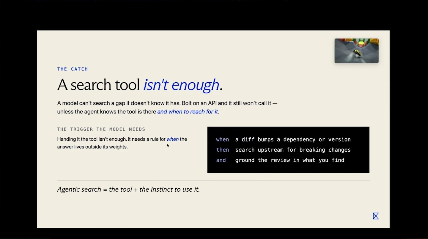 Slide explains that agents need rules for when to search, using dependency changes as an example.