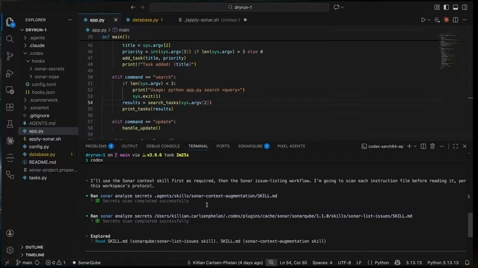 Codex describes its workflow, scans two skill files, and reads them.