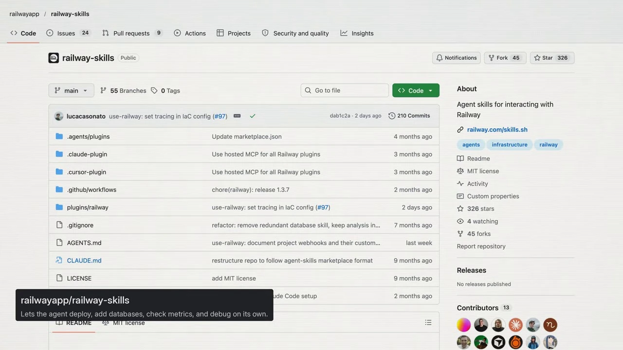 GitHub overview of the Railway skills repository with a caption describing deployment, databases, metrics, and debugging.
